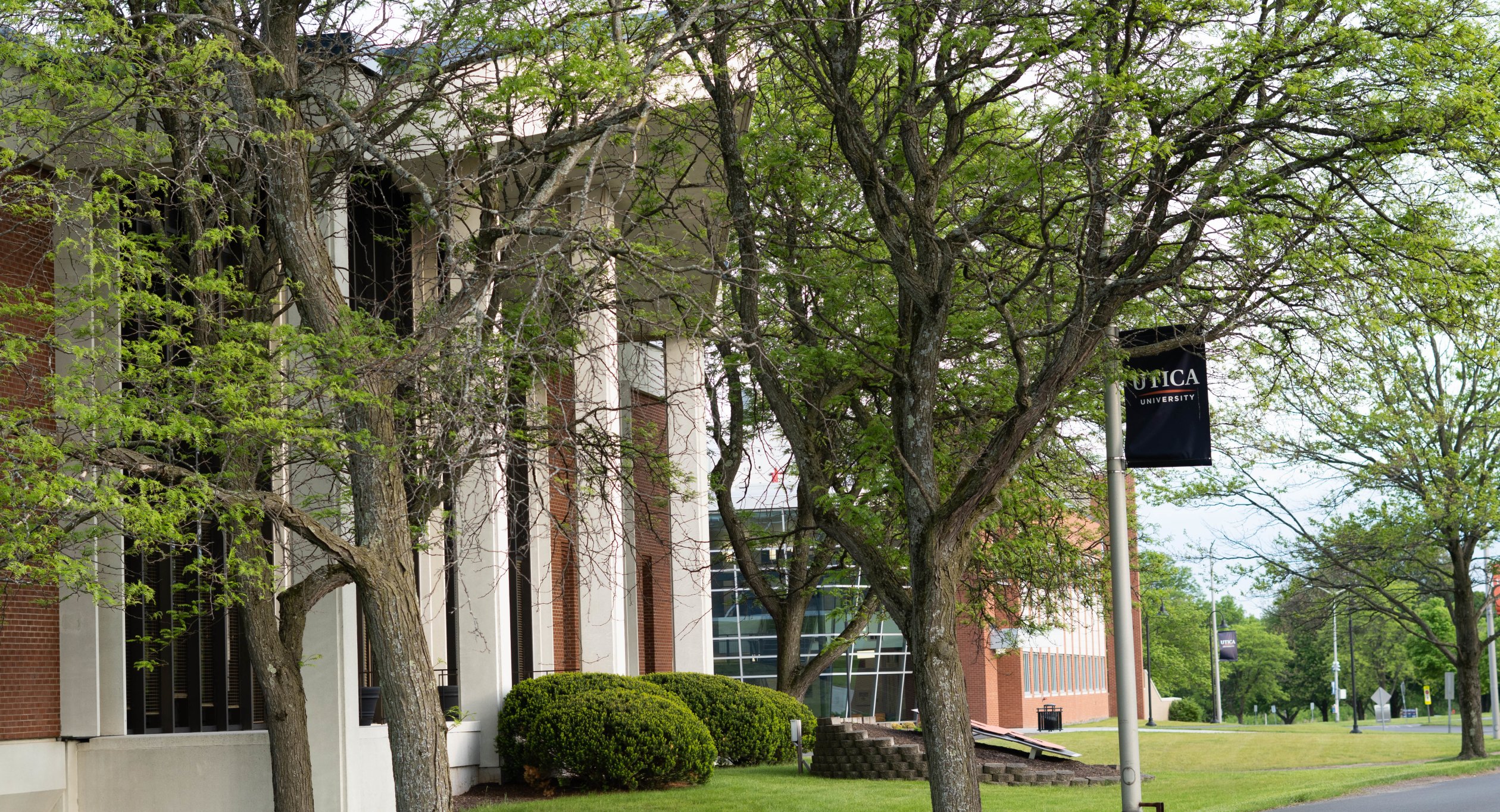 Two trees, full of green leaves, and a Utica Univesity banner stand in front of the Gannett Library on a warm day with the Science Center in the background.